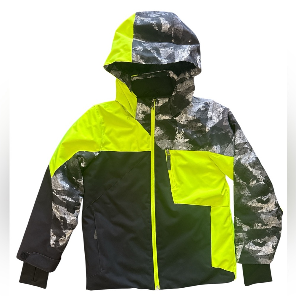 Spyder Boys' Ambush Ski Jacket Black Neon Yellow Size 8 Removable Hood Winter